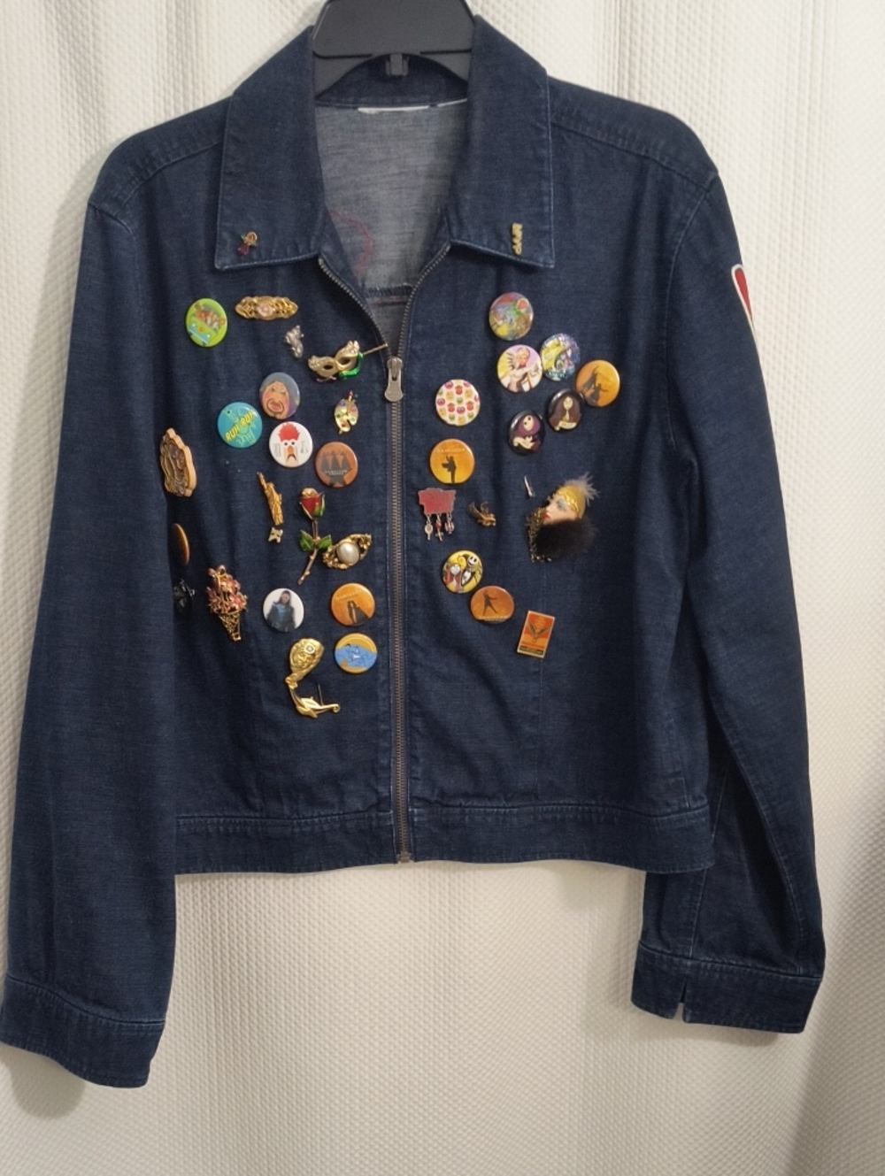 Dark Blue Denim Jacket with Decorative Pins And Patches Womens